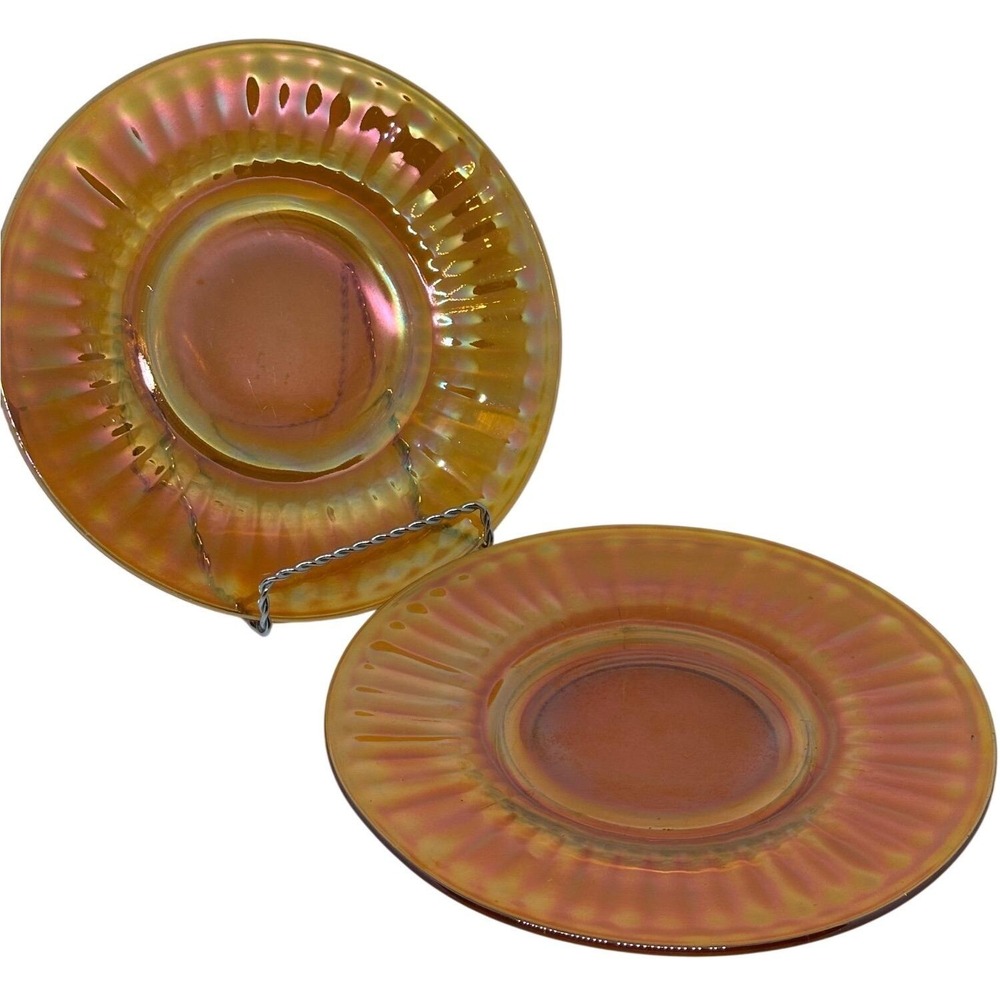 VTG Marigold Carnival Glass Plates Orange Iridescent Ribbed Set of 2 8 Inch